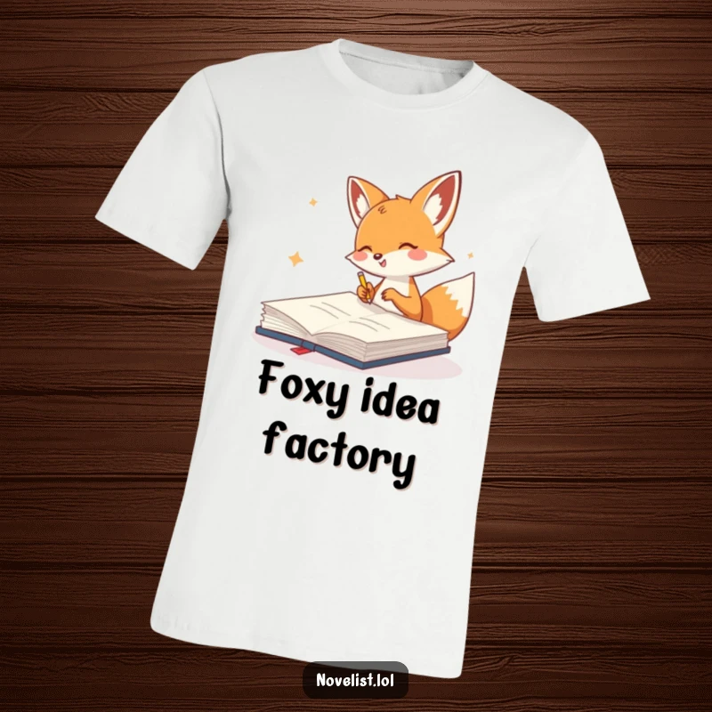 Funny T-Shirt with a cute fox gleefully scribbling in a giant notebook, capturing a moment of pure artistic joy and imagination.