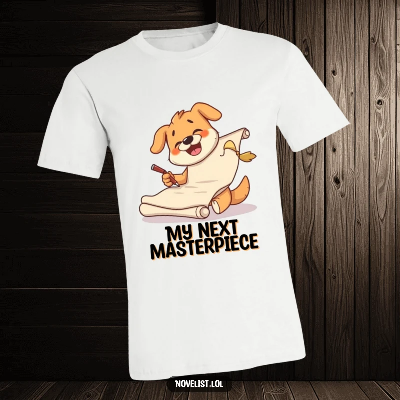 Funny dog t-shirt depicting a giggling canine character intensely scribbling on a huge scroll, celebrating artistic expression.