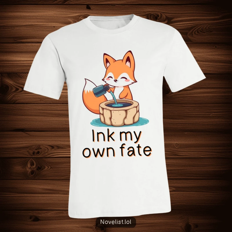 Funny T-Shirt: A happy fox animal character pouring ink from a bottle into a well, capturing the essence of artistic creation with humor.