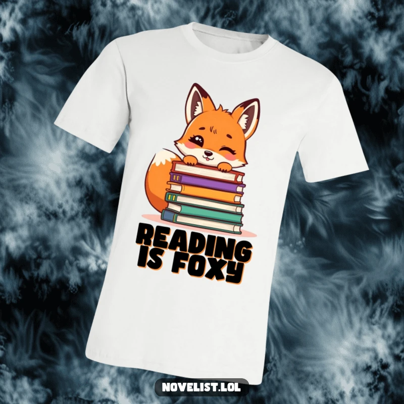 Funny Fox T-Shirt: A giggling fox peeking from behind a pile of books, celebrating reading and humor.
