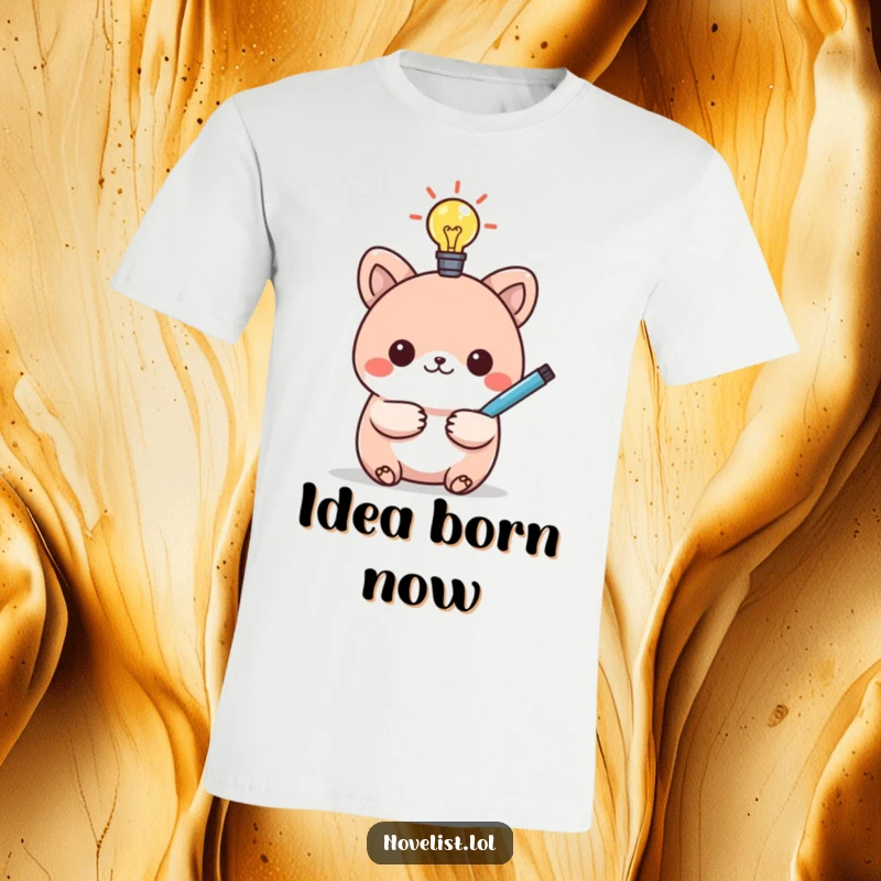 Funny t-shirt featuring a kawaii animal character holding a pen with a bright lightbulb above, representing a humorous moment of inspiration.