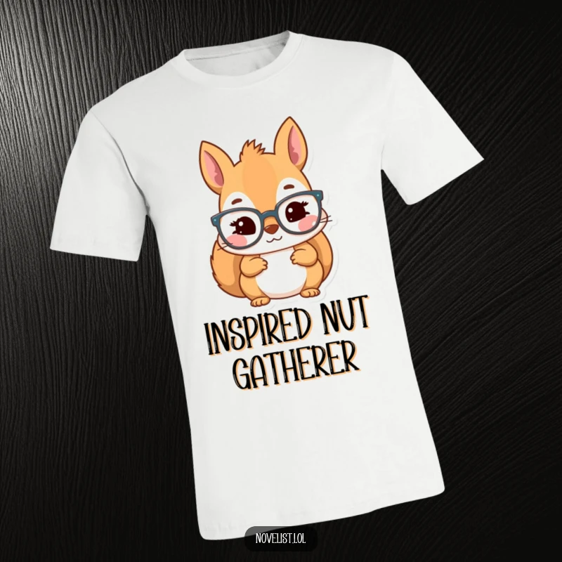 Funny t-shirt with a kawaii squirrel character sporting reading glasses, looking inspired and wise.