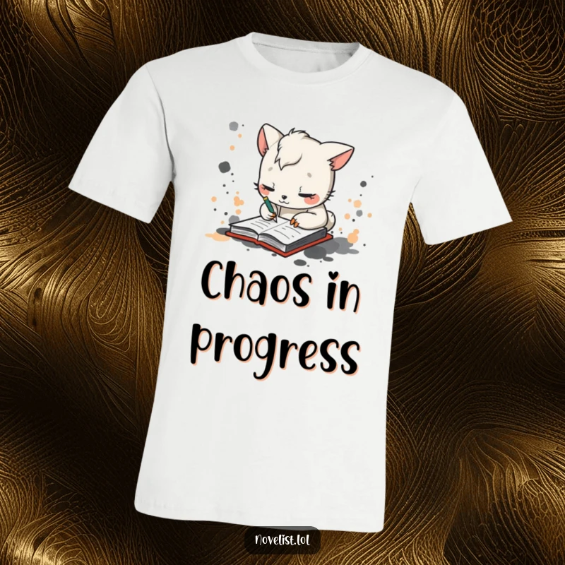 Funny t-shirt depicting a whimsical animal character scribbling wildly in a notebook amidst comical ink splatters, celebrating artistic expression.