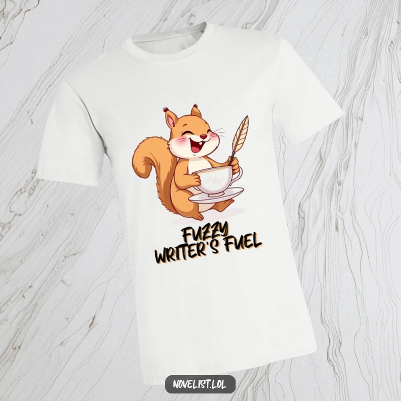Funny t-shirt depicting a joyful squirrel laughing, expertly balancing a teacup and a quill pen, ready for tea time.