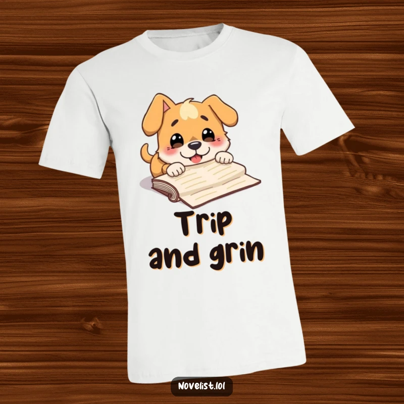 Funny t-shirt depicting a dog character stumbling over a manuscript, with a comically surprised and wide grin.