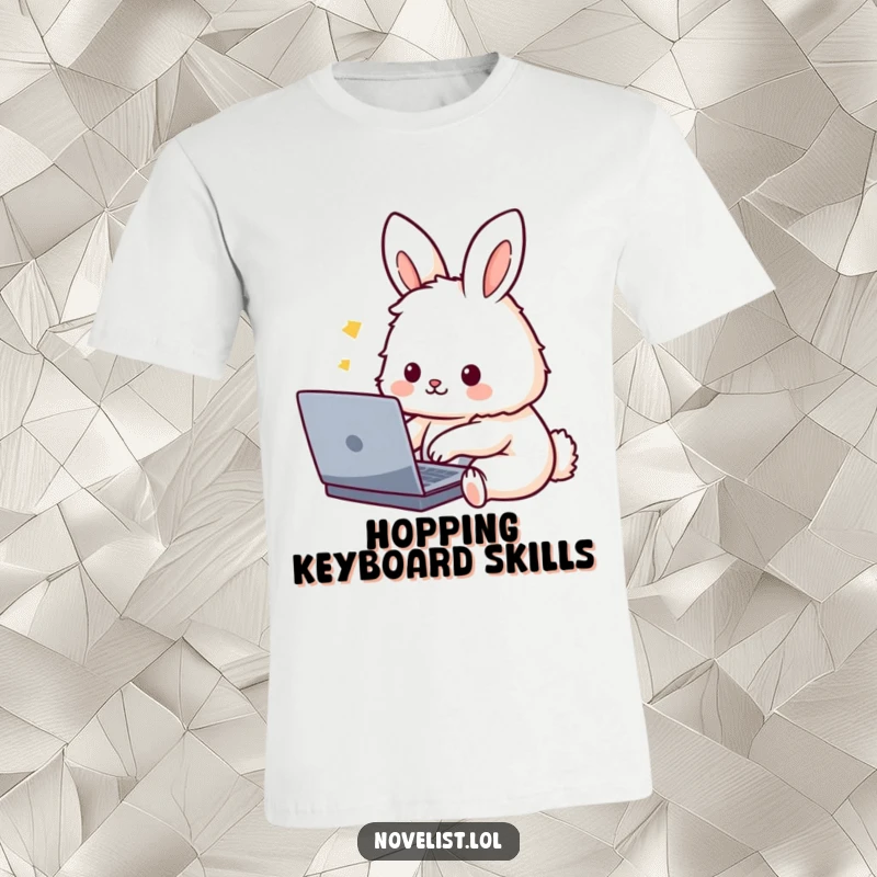 Funny T-Shirt: A cute, fluffy rabbit character intently typing on a laptop, capturing the essence of digital work with humorous charm.