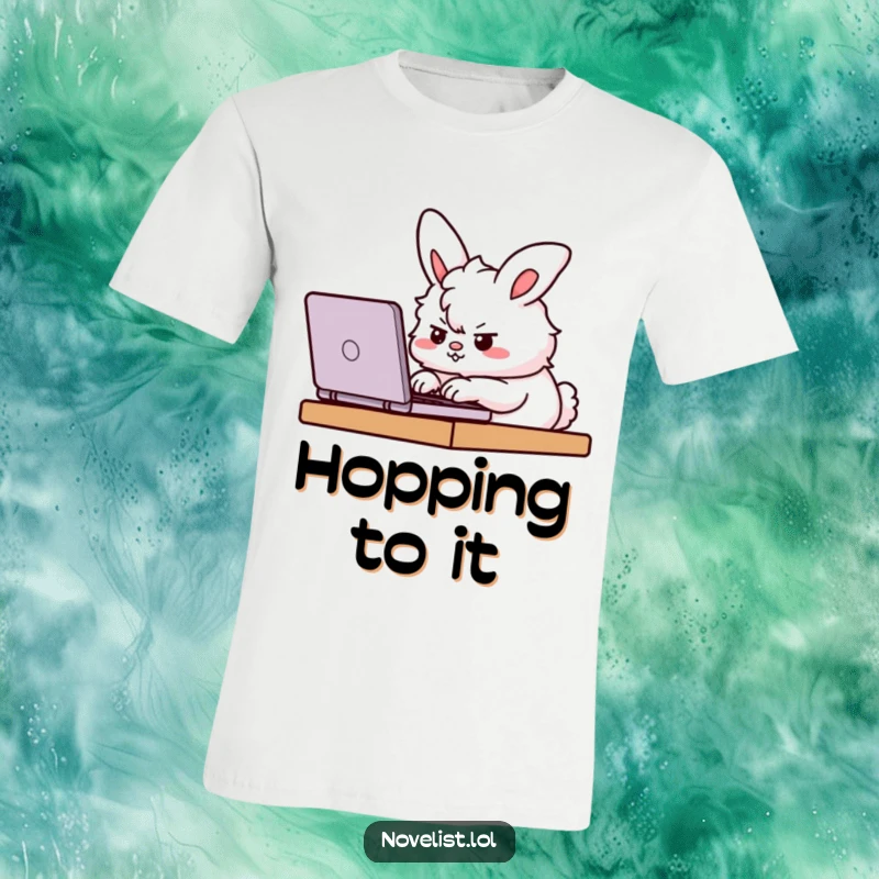 Funny T-Shirt with a fluffy bunny furiously typing on a laptop, conveying a serious, determined work ethic and focus.