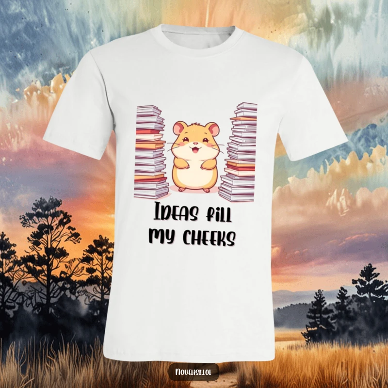 Funny Hamster T-Shirt: A happy hamster looking inspired, surrounded by piles of paper, ready to create.