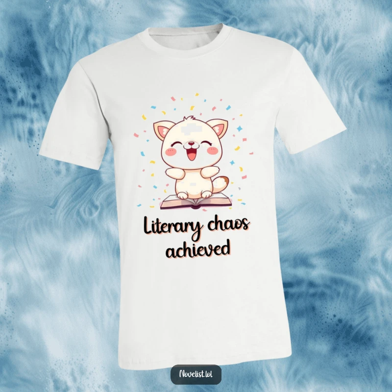 Funny t-shirt featuring a happy animal character gleefully scattering pages like confetti, symbolizing a love for books and uninhibited fun.