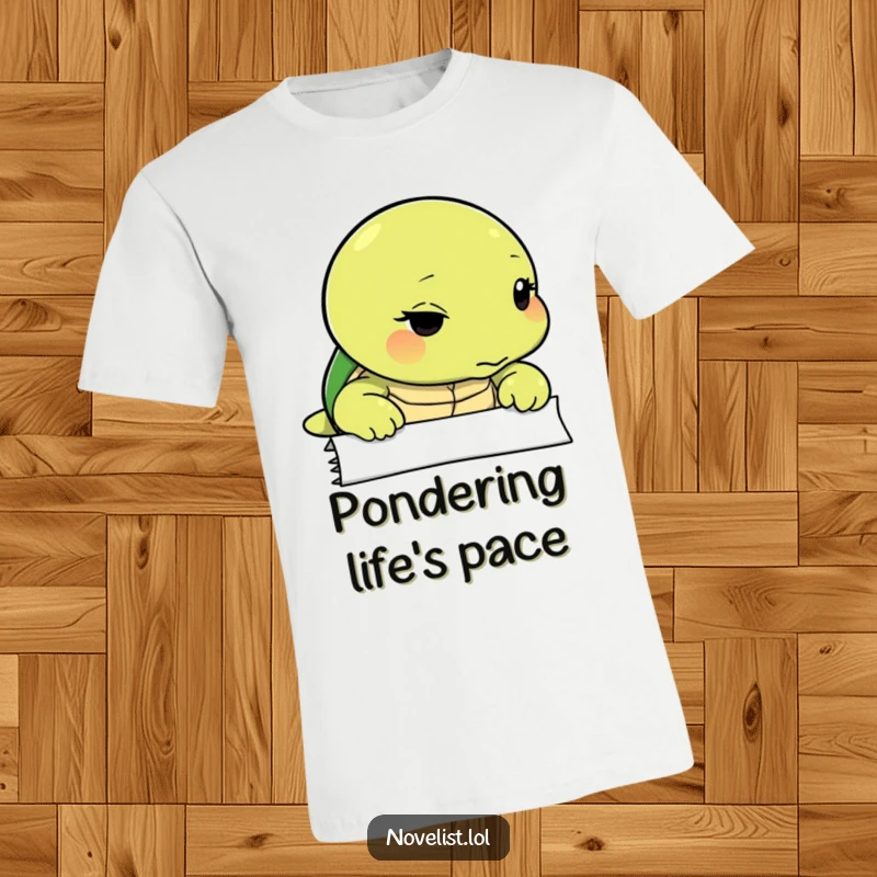 Funny t-shirt showing a thoughtful turtle looking intently at a blank page, representing patience and the genesis of ideas.