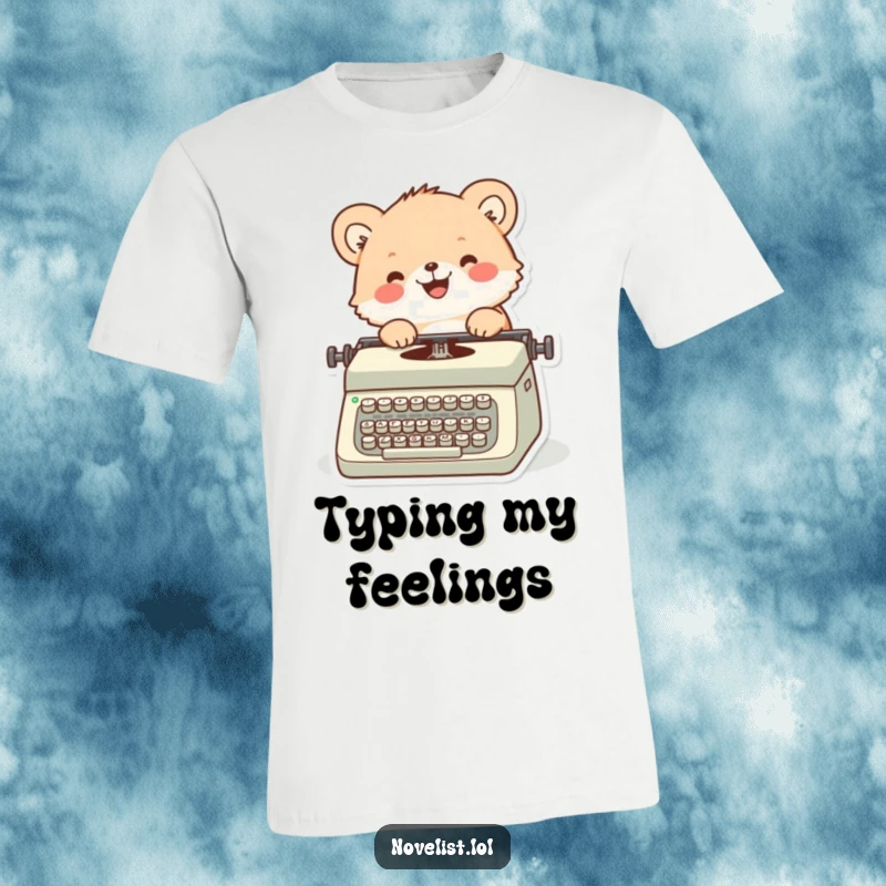 Funny t-shirt with a fluffy animal intently and joyfully typing on a classic vintage typewriter, radiating creative energy.