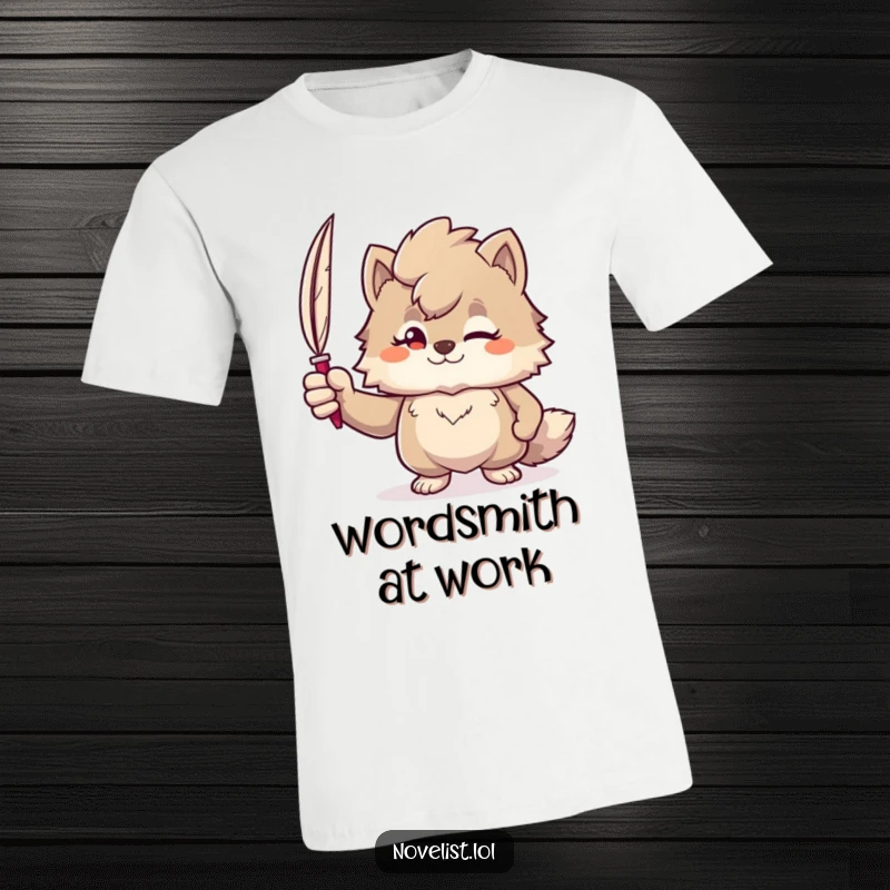 Funny t-shirt with a furry character smirking, holding a quill pen, representing confidence and literary prowess.