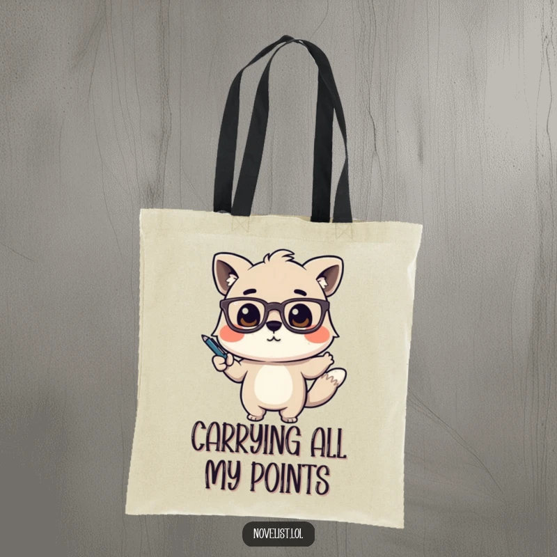 Funny Tote Bag featuring a cute animal character with glasses, dramatically gesturing with a pen, perfect for presenters.