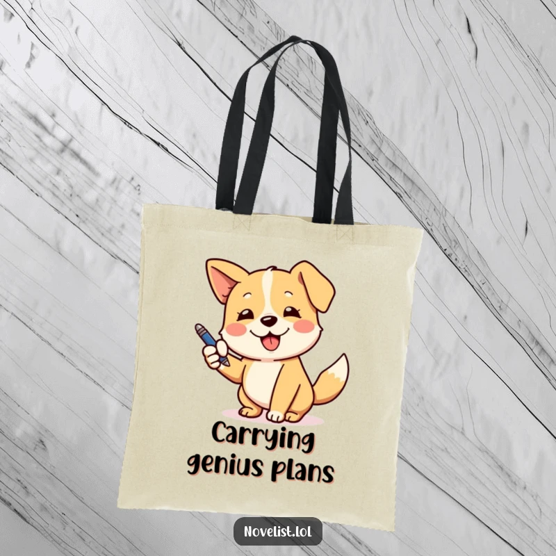 Funny tote bag with a playful dog wagging its tail and using a pen to gesture dramatically, perfect for creators.