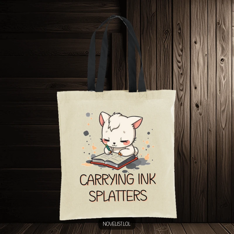 Funny tote bag showcasing a whimsical animal character scribbling in a notebook with ink splatters, great for carrying art supplies humorously.
