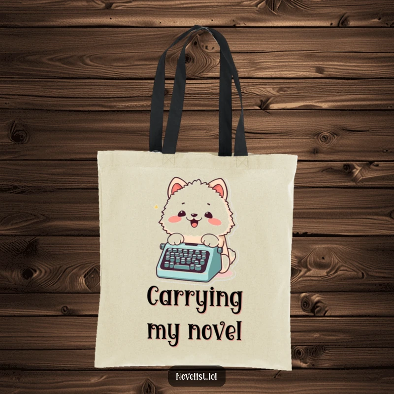 Funny Tote Bag featuring a fluffy animal character excitedly typing on a tiny typewriter with its paws, ideal for book lovers.