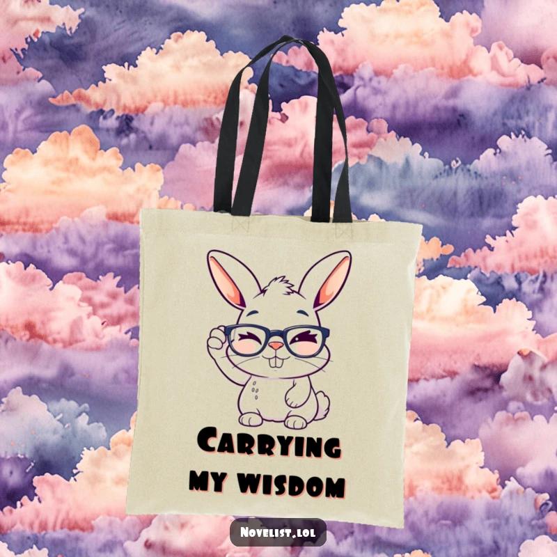 Funny tote bag with a winking rabbit adjusting reading glasses, perfect for carrying books with a witty vibe.