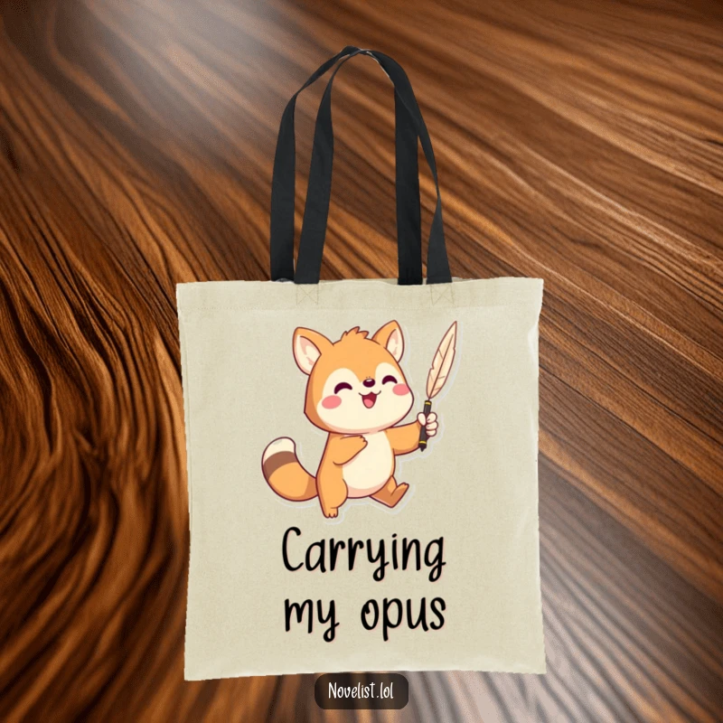 Funny tote bag showcasing a playful animal character dramatically holding a quill pen aloft, ready to capture epic tales.