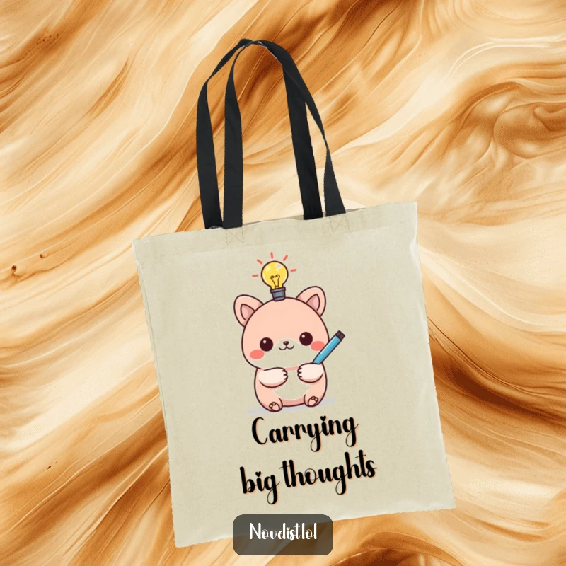 Funny tote bag showcasing a kawaii animal character with a lit lightbulb and pen, representing a humorous spark of genius.