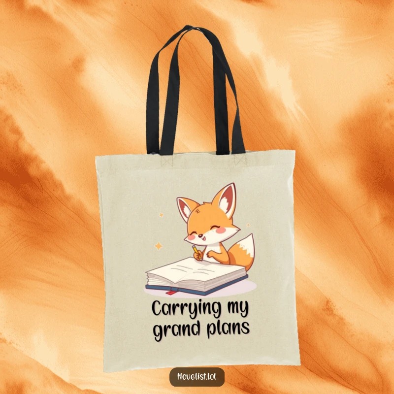 Funny Tote Bag with a cute fox gleefully scribbling in a giant notebook, ideal for carrying art supplies with personality.