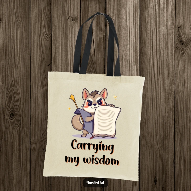Funny determined animal triumphantly wrestling a giant manuscript on a durable tote bag.