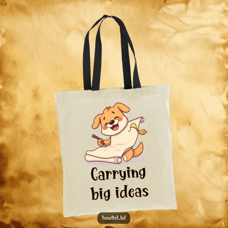 Funny dog tote bag with a giggling character furiously writing on a giant scroll, capturing the essence of artistic creation.