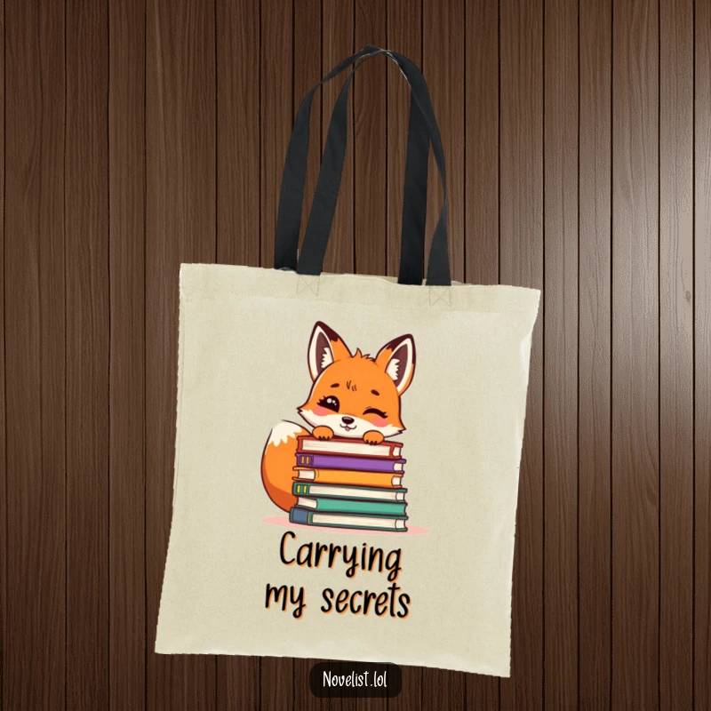 Funny Fox Tote Bag: A giggling fox peeking from behind a pile of books, symbolizing a love for reading and fun.
