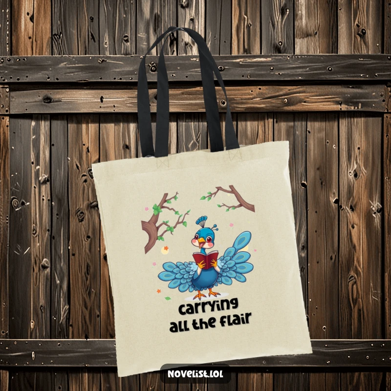 Funny tote bag with a dramatic peacock character acting out a scene from a novel, perfect for carrying books and show programs.