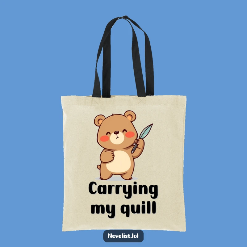 Funny Scribe Tote Bag: Cheerful Bear With Quill - Hilarious Carryall for Writers