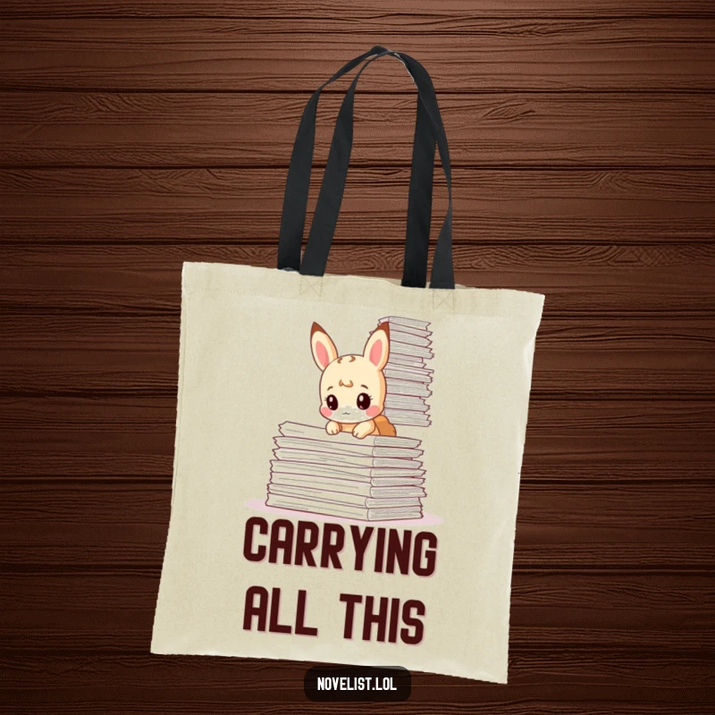 Funny tote bag featuring a tiny animal character looking curious amidst a mountain of papers, perfect for carrying academic or work essentials humorously.