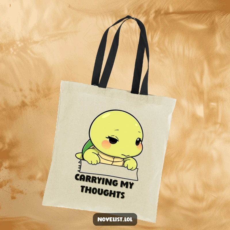 Funny tote bag featuring a thoughtful turtle looking intently at a blank page, ideal for carrying creative supplies.