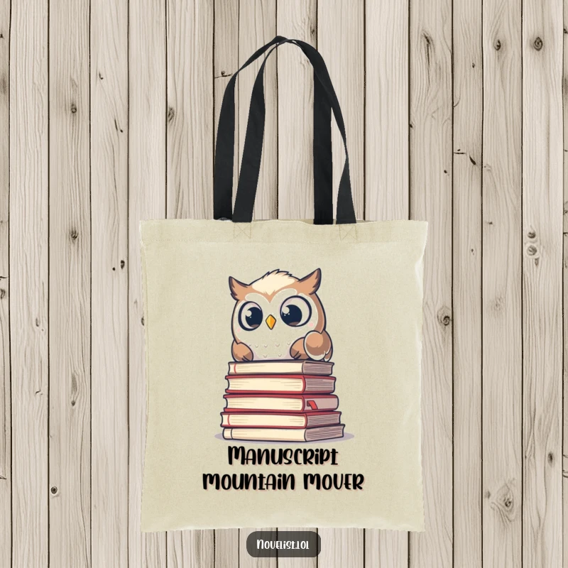 Funny tote bag showcasing a startled owl peeking over a pile of manuscripts, great for carrying books with humor.