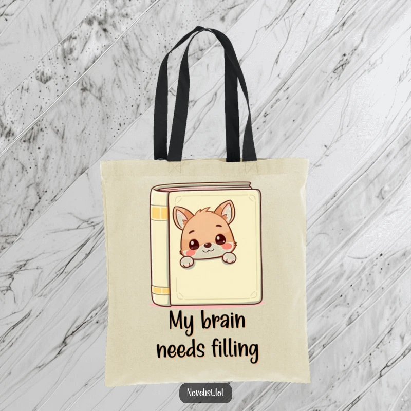 Funny tote bag featuring a curious animal peeking from behind a book, ideal for carrying books, a great funny gift.