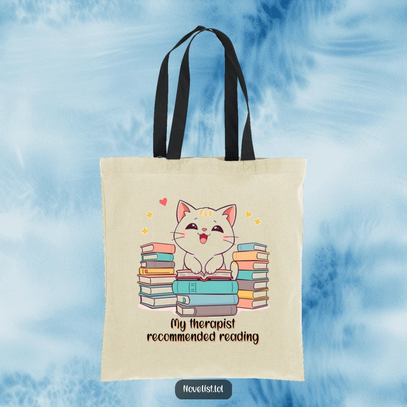 Funny cat tote bag featuring an adorable character surrounded by many books, highlighting their immense reading excitement.