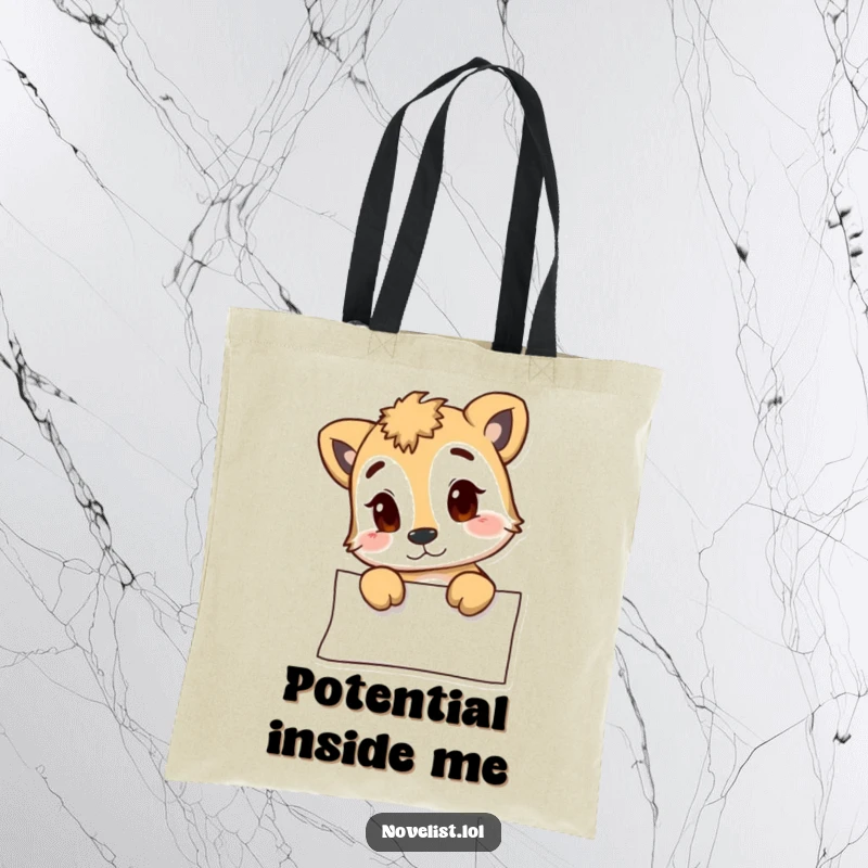 Funny tote bag depicting an animal character contemplating a blank page, symbolizing creative thought, perfect for daily use and a funny gift.